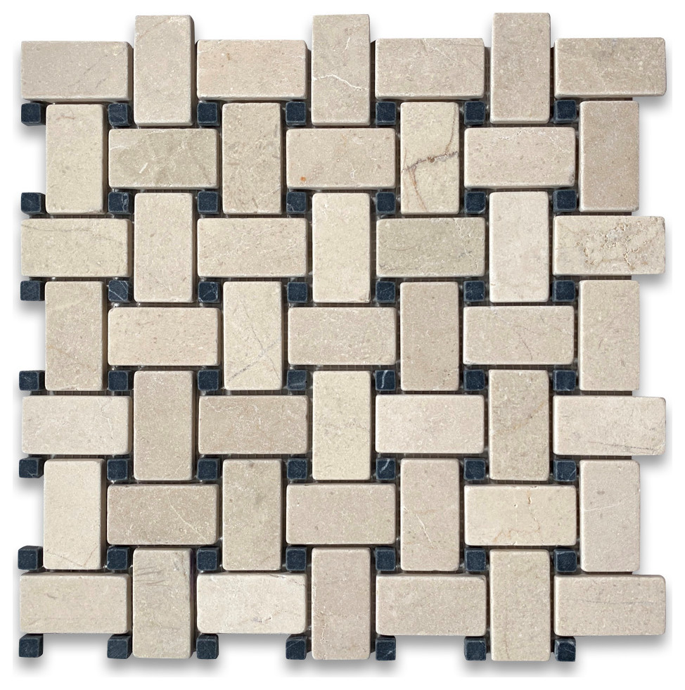 Non Slip Crema Marfil Marble 1x2 Basketweave Tumbled Shower Floor Til