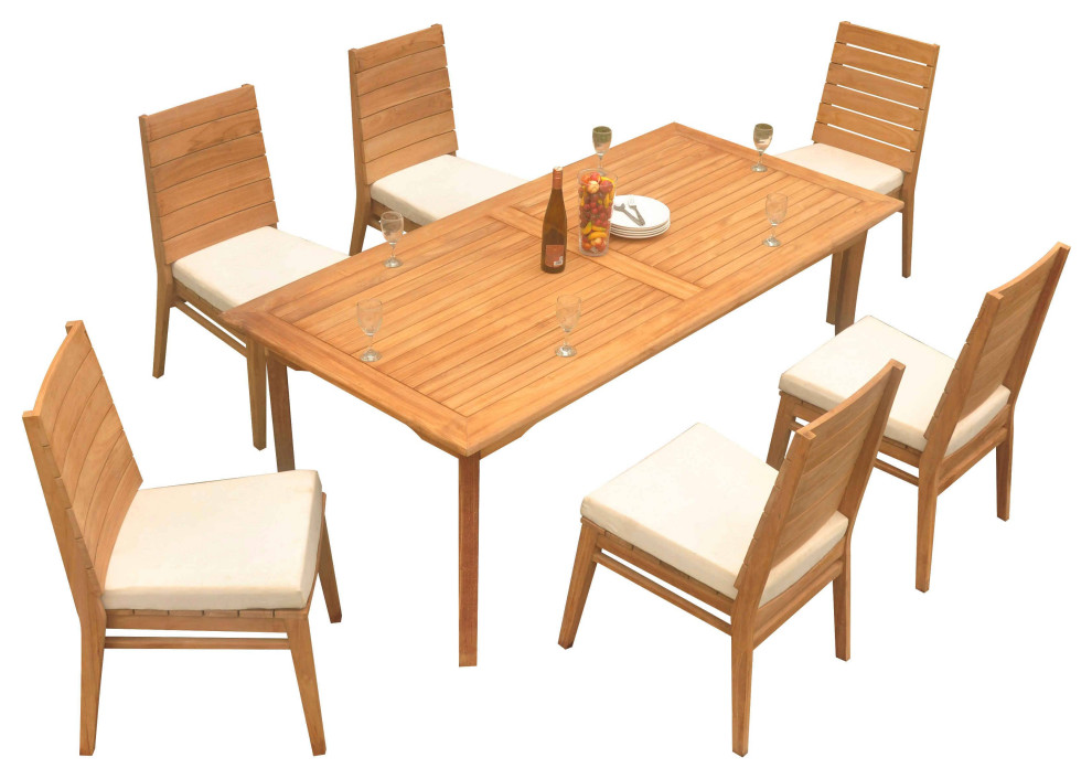 7Piece Outdoor Teak Dining Set 83" Rectangle Table, 6 Char Stacking