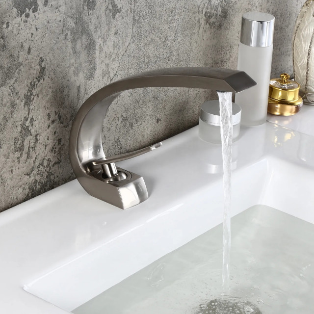 Single Hole 1-Handle Bathroom Sink Faucet Curved Spout with Pop Up ...