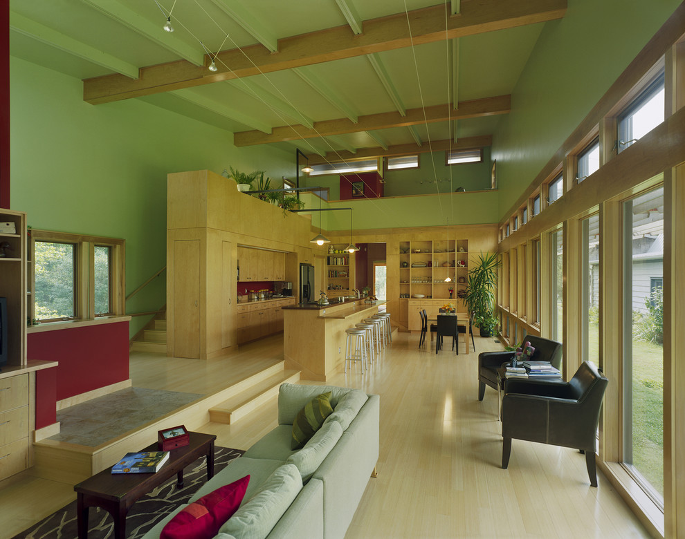 Inspiration for a modern open concept living room in Other with green walls.