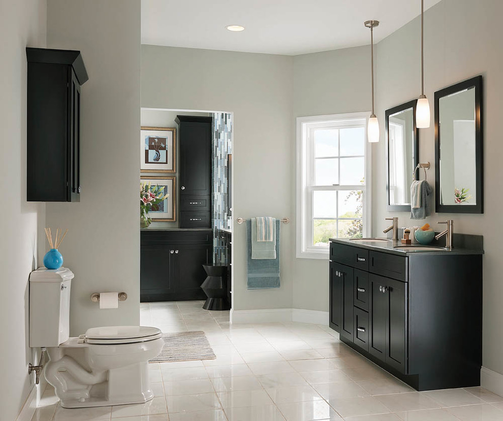 Inspiration for a large transitional master bathroom in Jacksonville with shaker cabinets, black cabinets, a two-piece toilet, blue tile, gray tile, multi-coloured tile, matchstick tile, grey walls, marble floors, an undermount sink, glass benchtops and white floor.
