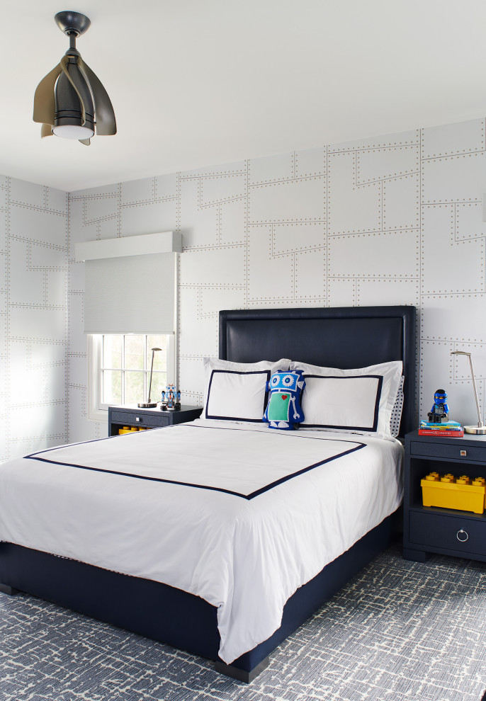 Contemporary kids' bedroom in New York with multi-coloured walls and wallpaper for kids 4-10 years old and boys.
