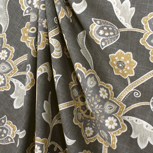 Ankara Noir Grey Jacobean Floral Fabric Traditional Drapery Fabric
