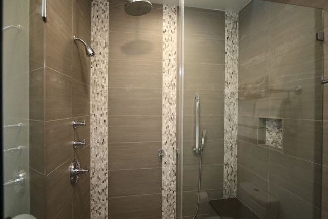 Photo of a modern shower room bathroom in Houston with flat-panel cabinets, light wood cabinets, an alcove shower, black tiles, white walls and engineered stone worktops.