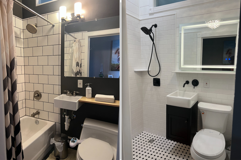 Photo of a small country 3/4 bathroom in San Luis Obispo with recessed-panel cabinets, black cabinets, a curbless shower, a two-piece toilet, white tile, ceramic tile, white walls, ceramic floors, a vessel sink, white floor, a sliding shower screen, a single vanity, a floating vanity and planked wall panelling.