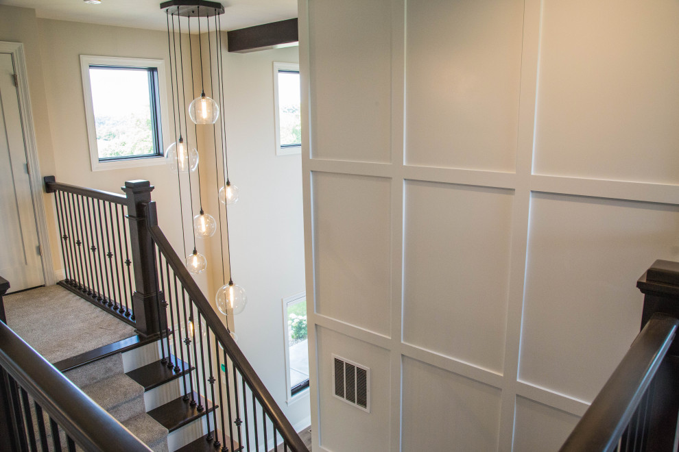 インディアナポリスにある高級な広いトラディショナルスタイルのおしゃれな玄関ロビー (ベージュの壁、カーペット敷き、ベージュの床、三角天井、パネル壁) の写真