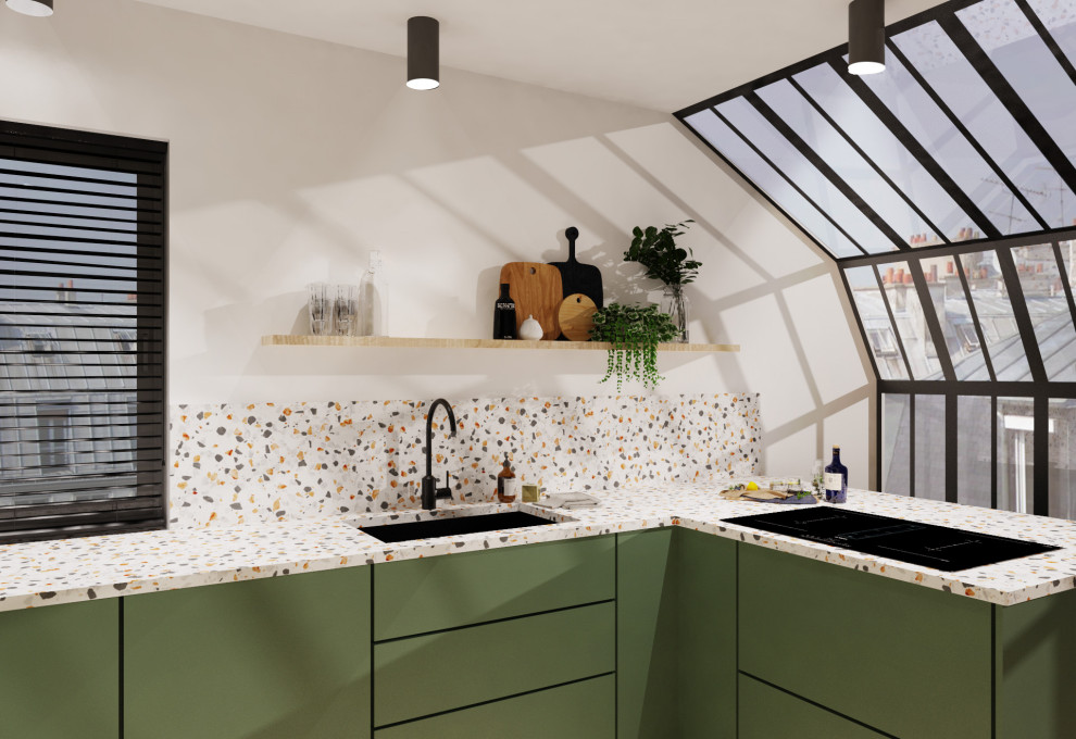 Inspiration för stora moderna flerfärgat kök, med en undermonterad diskho, luckor med profilerade fronter, gröna skåp, bänkskiva i terrazo, flerfärgad stänkskydd, rostfria vitvaror och ljust trägolv