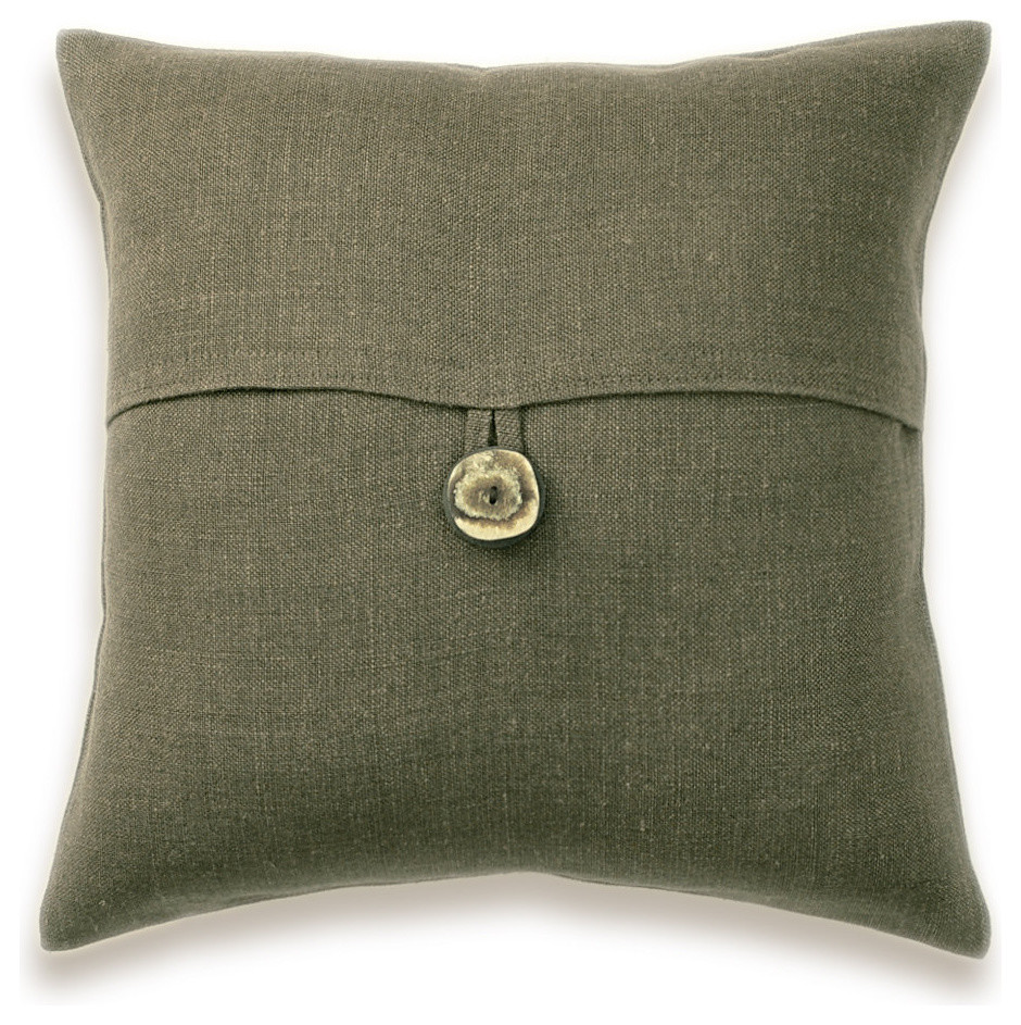 Dark Olive Green Linen Lumbar Pillow Cover 16 inch Faux Horn Button DREA DESIGN