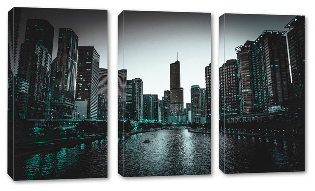 Chicago Skyline In Genoa Green Blue 3 Panel Canvas Print Wall