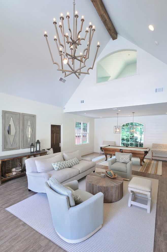 Inspiration for a beach style open concept family room in Atlanta with white walls.