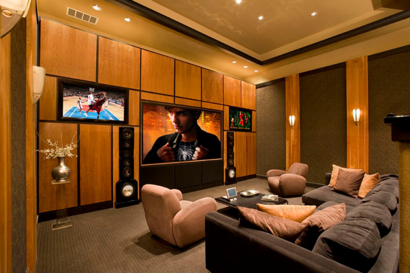 Mid-sized contemporary enclosed home theatre in Tampa with brown walls, carpet and a built-in media wall.