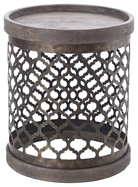 Rustic Round Quatrefoil Metal Chairside Drum Table in Reclaimed Gray Finish