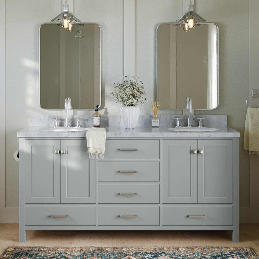 ARIEL Cambridge 73" Double Oval Sinks Bathroom Vanity Grey with Marble ...