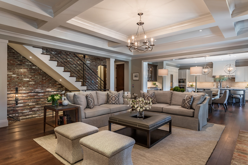 Transitional formal open concept living room in Other with dark hardwood floors and brown floor.