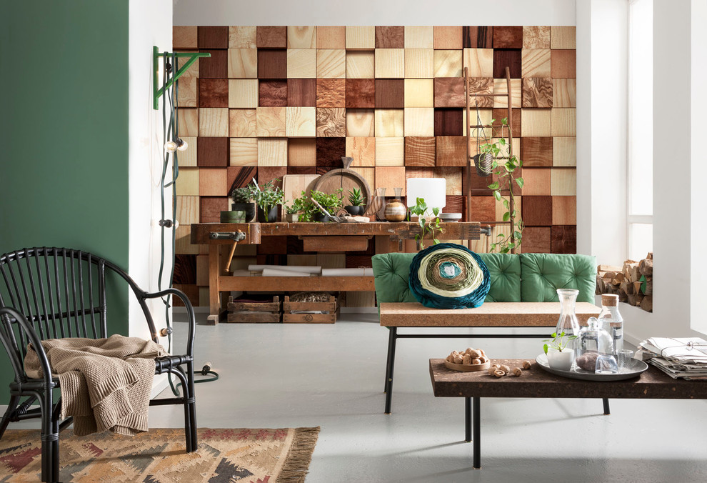 Inspiration for a contemporary living room in Munich with multi-coloured walls, linoleum floors, no fireplace and no tv.