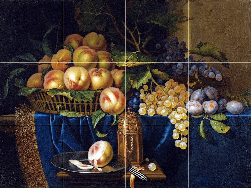 Tile Mural, Still Life Fruit Peach Grapes Plum Ceramic Glossy