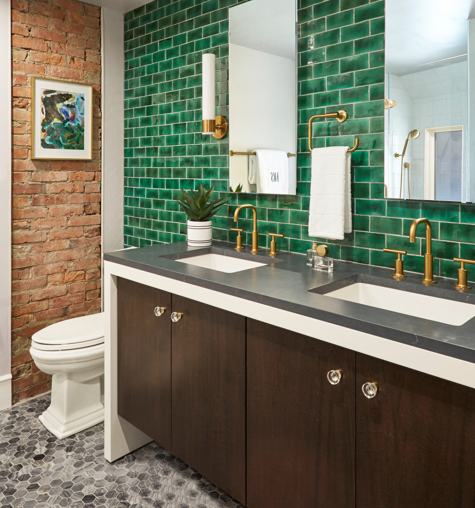 Design ideas for a contemporary bathroom in Other with flat-panel cabinets, dark wood cabinets, green tile, subway tile, mosaic tile floors, an undermount sink, grey floor, grey benchtops, a double vanity, a floating vanity and brick walls.