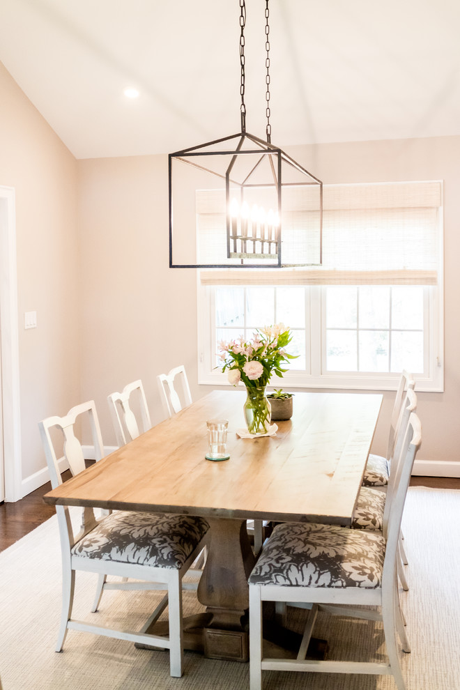 Dining room - mid-sized transitional dark wood floor and brown floor dining room idea in New York with beige walls