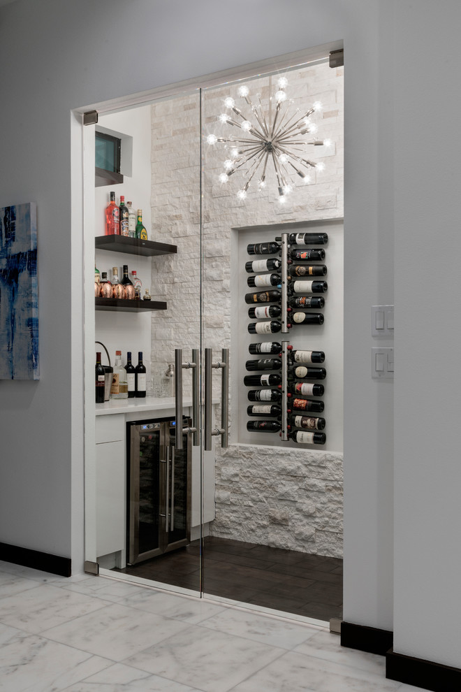 Inspiration for a mid-sized contemporary wine cellar in Orlando with dark hardwood floors, display racks and brown floor.