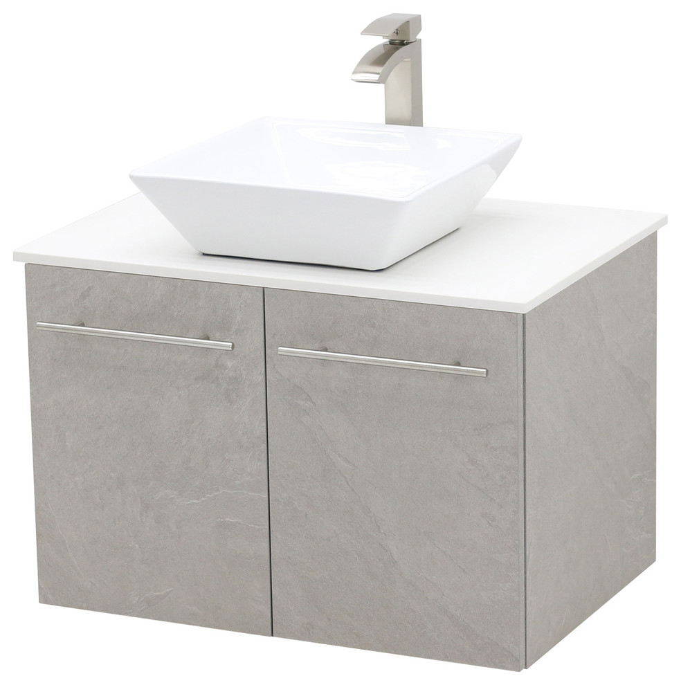 30" Wall Mount Vanity, White Stone Countertop Modern Bathroom
