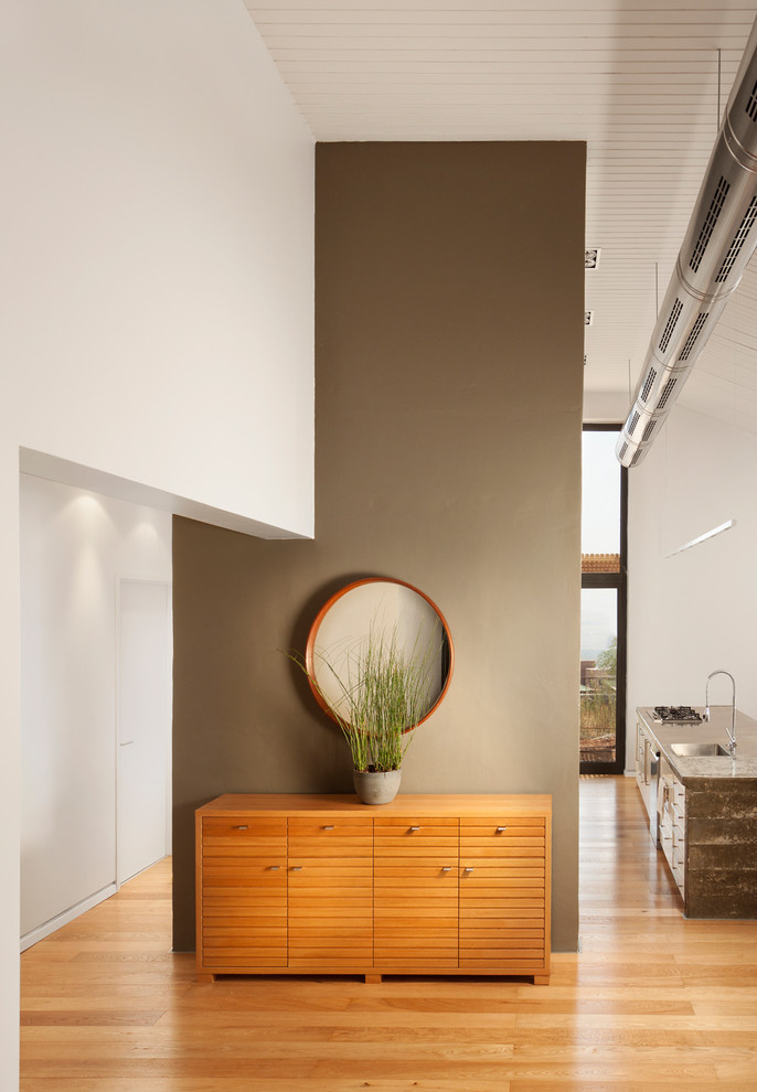Inspiration for an industrial hallway in Other with brown walls and medium hardwood floors.