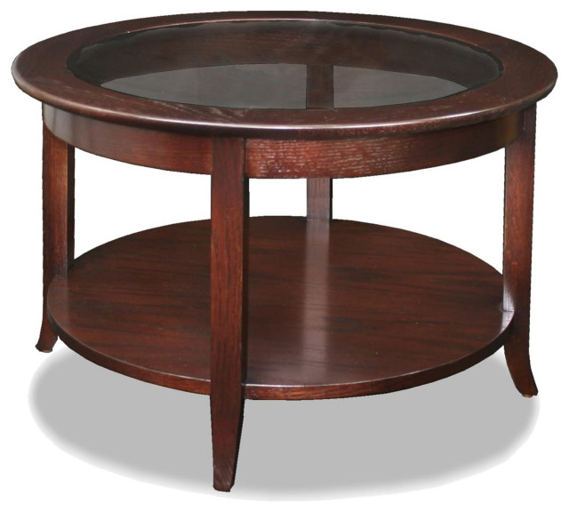 Round 30-Inch Glass Top Coffee Table with Shelf in Chocolate Oak Finish