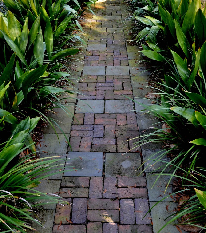 Inspiration for a mid-sized tropical front yard garden in Atlanta with brick pavers and a garden path.