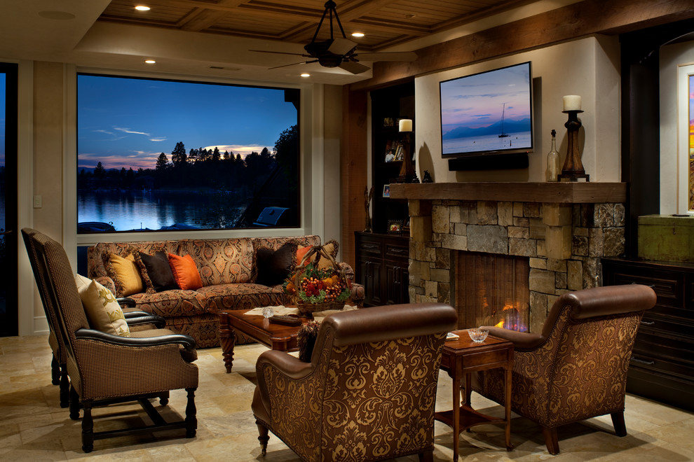 Inspiration for a mid-sized traditional open concept living room in Other with beige walls, ceramic floors, a standard fireplace, a stone fireplace surround and a wall-mounted tv.