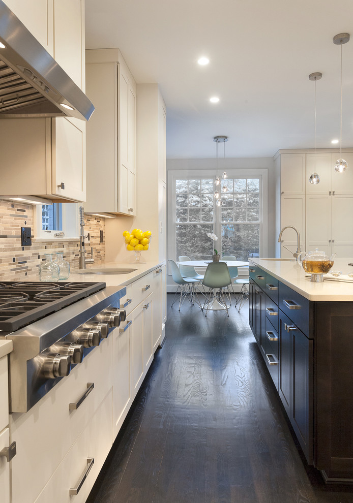 Design ideas for a transitional kitchen in DC Metro with an undermount sink, shaker cabinets, white cabinets, multi-coloured splashback, matchstick tile splashback, stainless steel appliances, dark hardwood floors and with island.