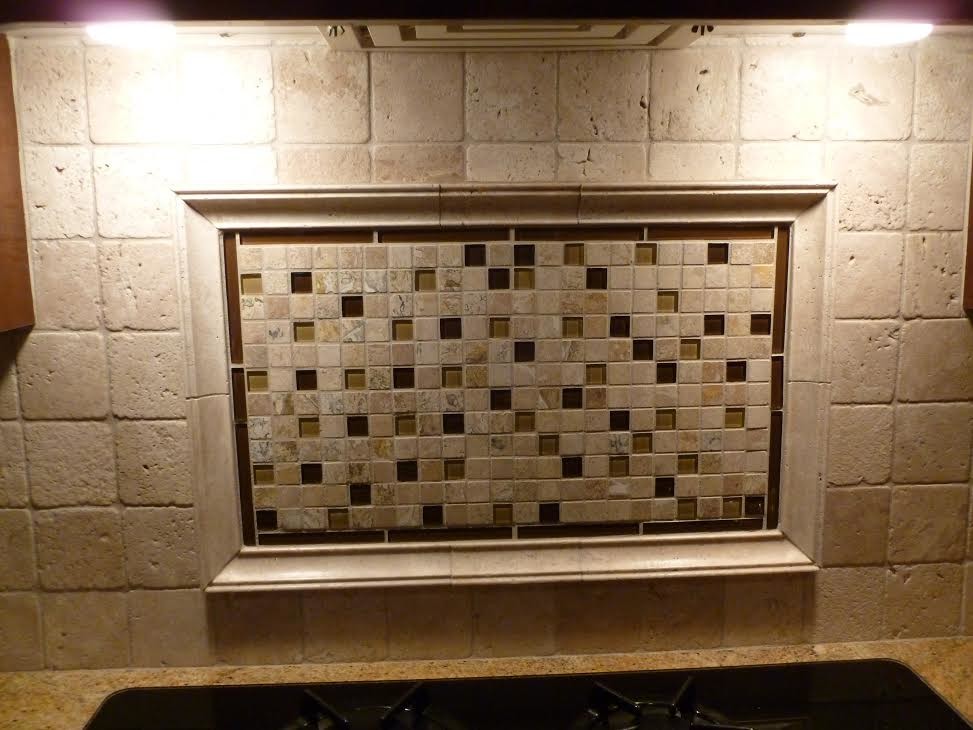 Kitchen photo in Milwaukee with granite countertops, beige backsplash and stone tile backsplash