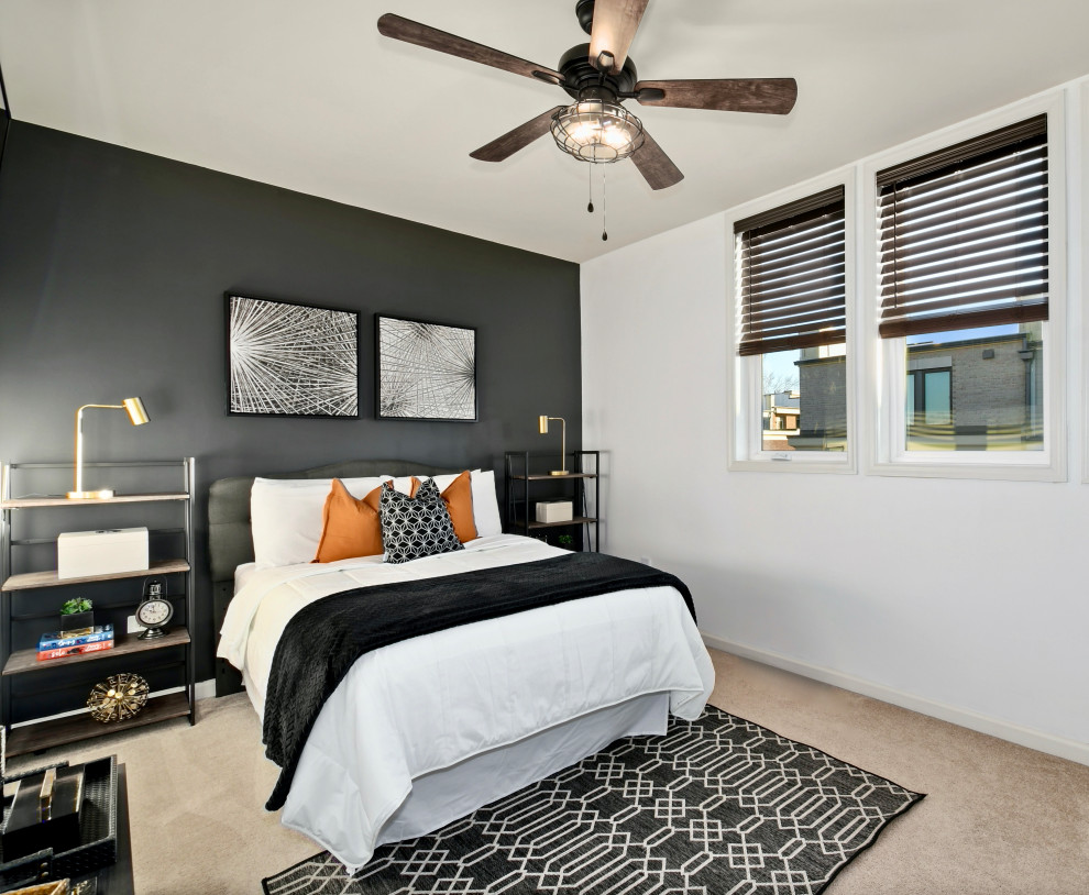 На фото: гостевая спальня среднего размера, (комната для гостей) в стиле лофт с черными стенами, ковровым покрытием и бежевым полом