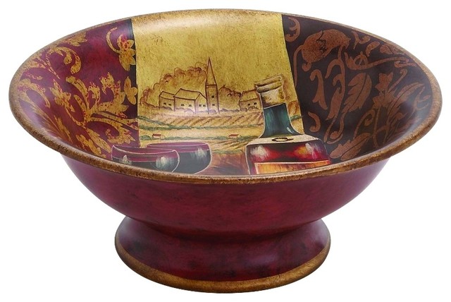 Vineyard Brown Gold Ceramic Bowl Wine Bottle Glasses Accent Decor 52375 Traditional Decorative Bowls By Gwg Outlet