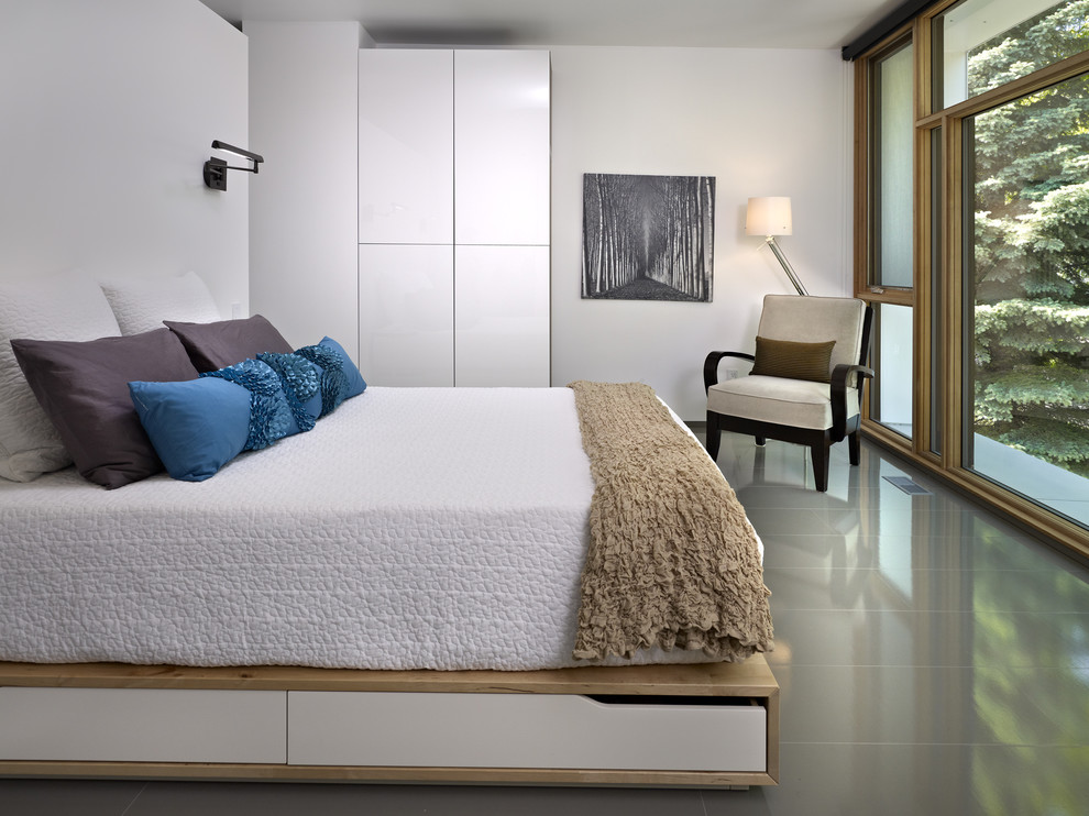 This is an example of a modern bedroom in Edmonton with white walls.