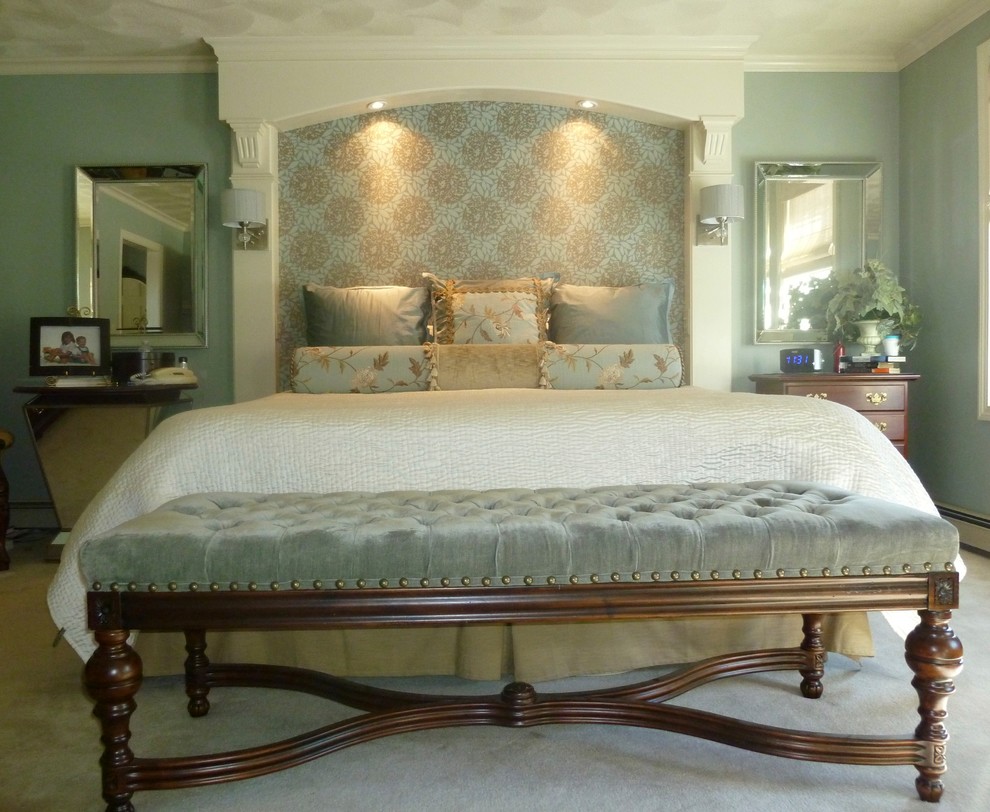 Design ideas for a large traditional master bedroom in Boston with blue walls and carpet.