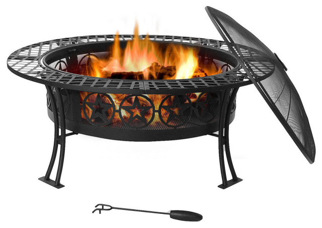 Sunnydaze 40" Fire Pit Black Steel Four Star Design with Spark Screen and Poker
