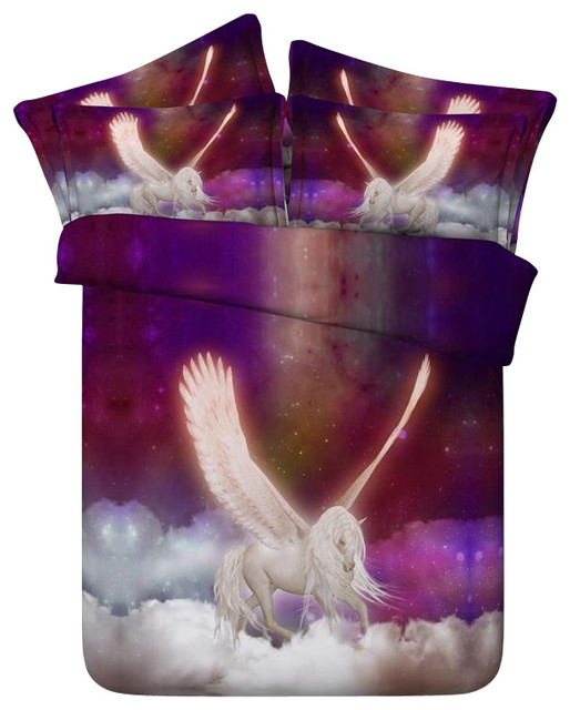 3D Bedding, Stunning Purple and White Pegasus, 4-Piece Duvet Cover Set, Full