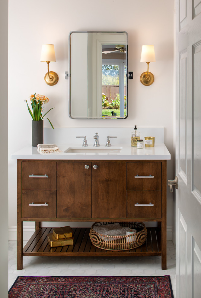 This is an example of a small transitional 3/4 bathroom in San Diego with flat-panel cabinets, brown cabinets, engineered quartz benchtops, white benchtops, a single vanity and a freestanding vanity.