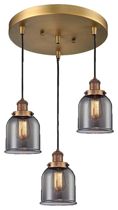Innovations 3-Light Small Bell Multi-Pendant, Brushed Brass, Smoked Glass