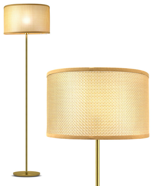 Brightech Zion LED Floor Lamp Modern Woven Wicker Shade Brass