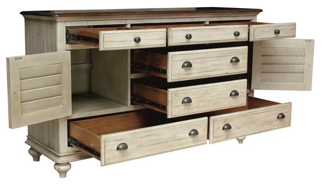 7 Drawer Dresser In Antique White And Natural Walnut Finish