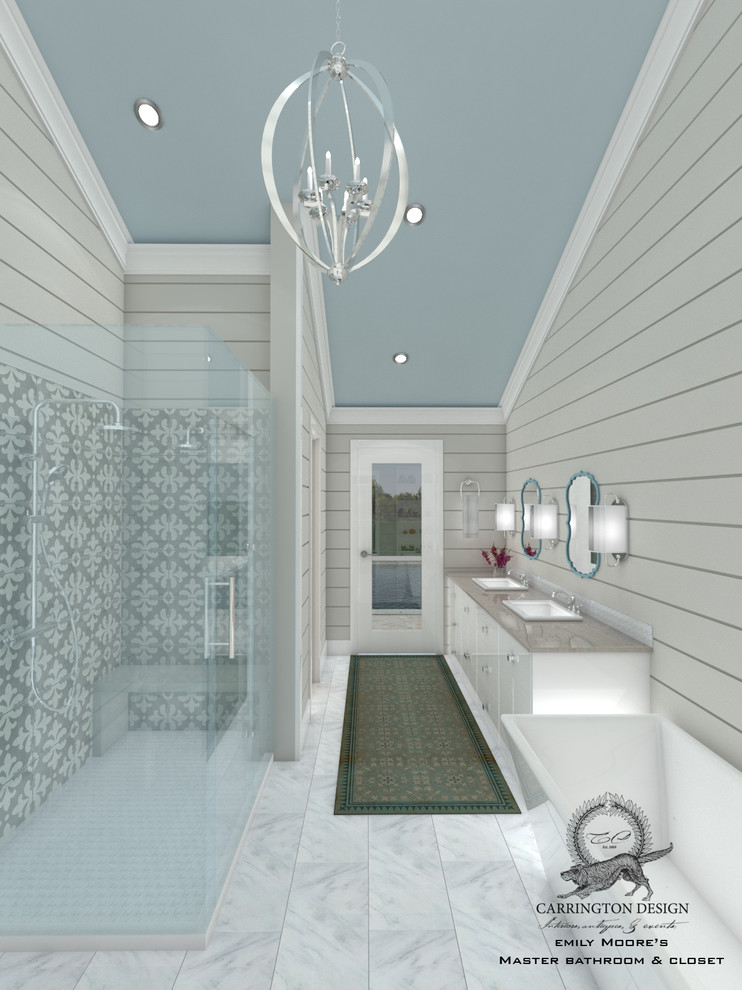 Inspiration for a mid-sized master white tile and stone slab marble floor bathroom remodel with shaker cabinets, white cabinets, green walls and a drop-in sink