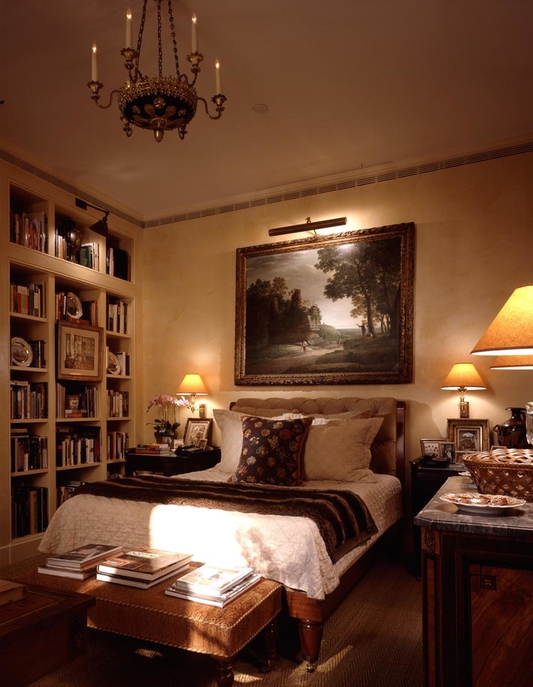 Traditional master bedroom in New York with beige walls.