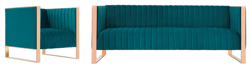 Trillium Sofa and Armchair Set of 2 in Teal and Rose Gold