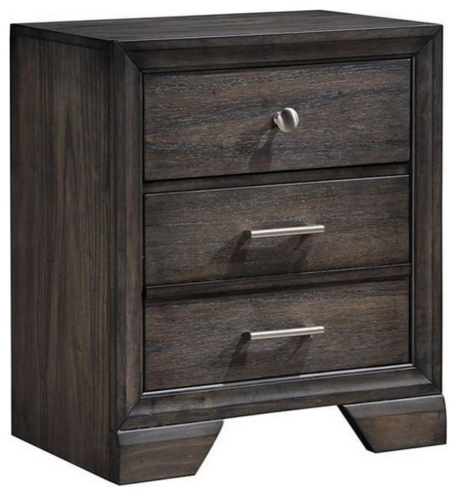 2 Drawer Wooden Nightstand With Metal Bar And Knob Pulls, Dark Brown