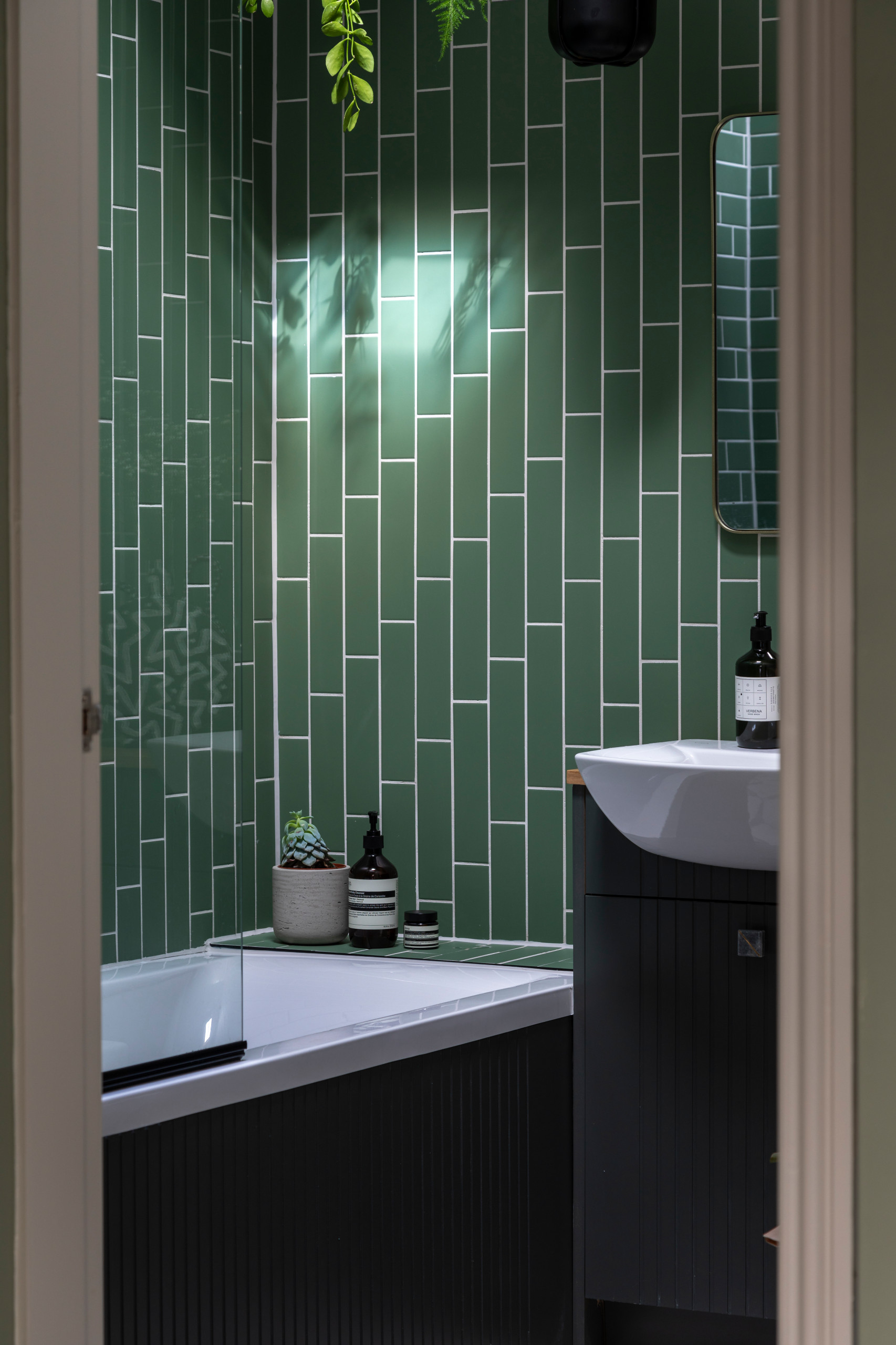 Master green tile ceramic tile bathroom photo in Other with flat-panel cabinets, gray cabinets, a drop-in sink and a built-in vanity