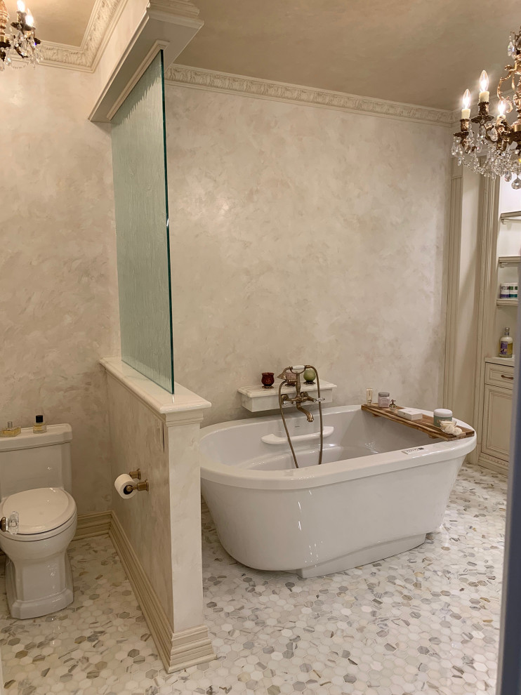 Large transitional master bathroom in Other with a freestanding tub, a corner shower, beige walls, mosaic tile floors, multi-coloured floor and a hinged shower door.