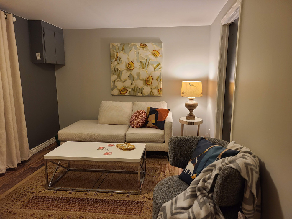 Cette image montre une petite salle de séjour minimaliste fermée avec salle de jeu, un mur gris, sol en stratifié, un téléviseur indépendant et un sol marron.