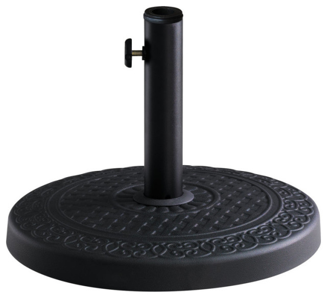 Round Concrete Umbrella Base, Black With Leather Sense Contemporary Outdoor Umbrella