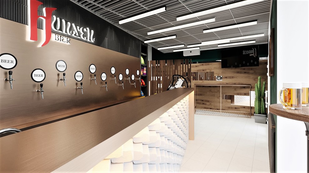 Магазин фирменой продукции семейной пивоварни "Хансен" диагональная планировка