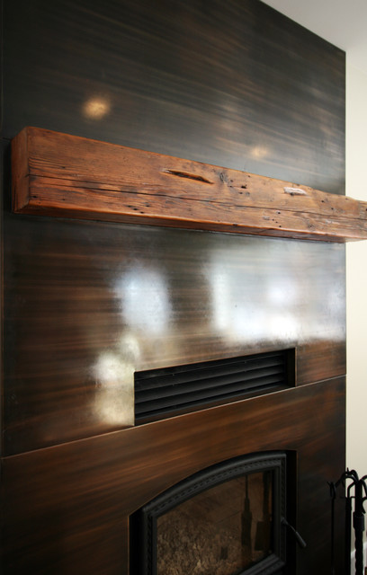 Copper Clad Fireplace With Reclaimed Wood Mantel American